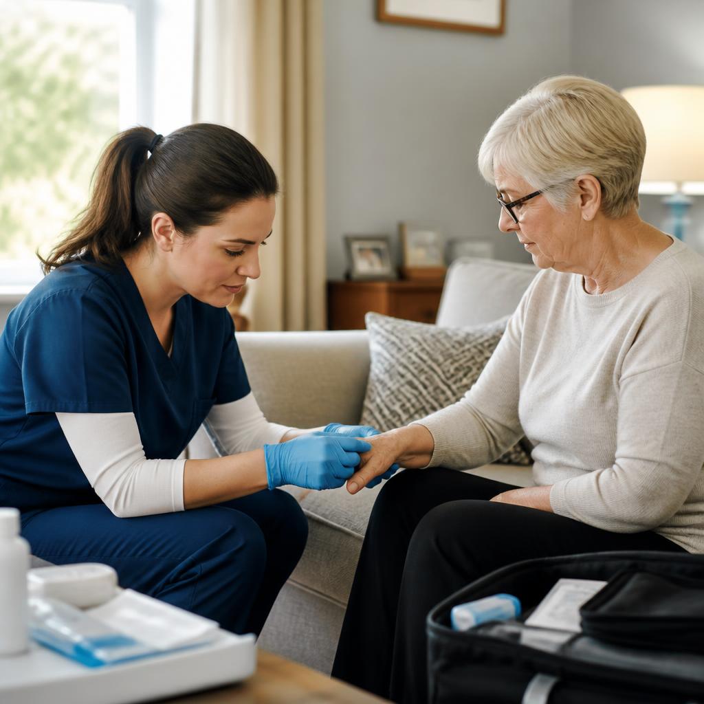 A wound care independent, licensed provider gently examining a senior patient's hand during an in-home visit