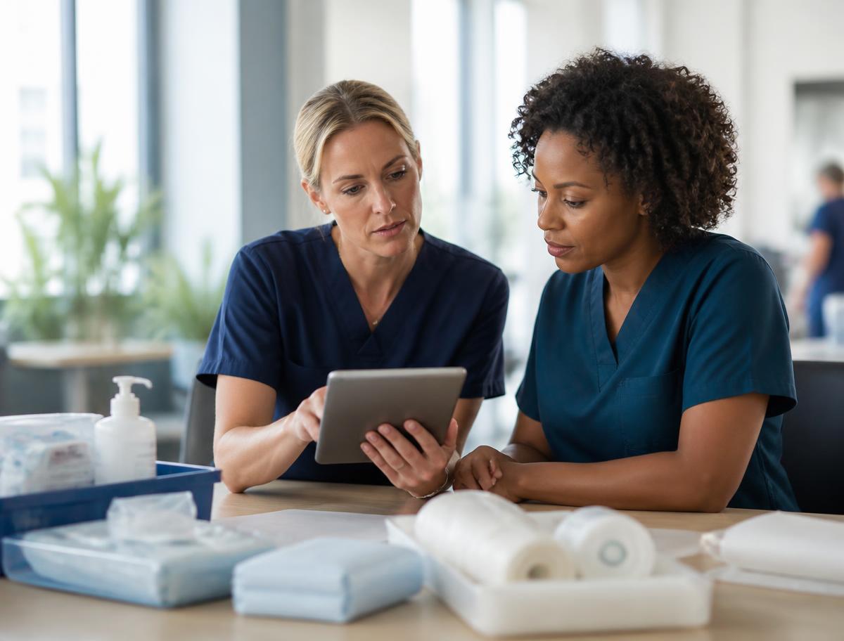 A clinician talking with a patient in a home setting