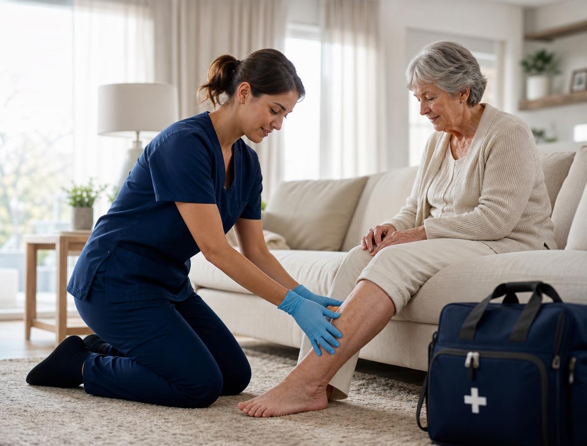 An independent, licensed clinician examining a patient's leg during an in-home visit