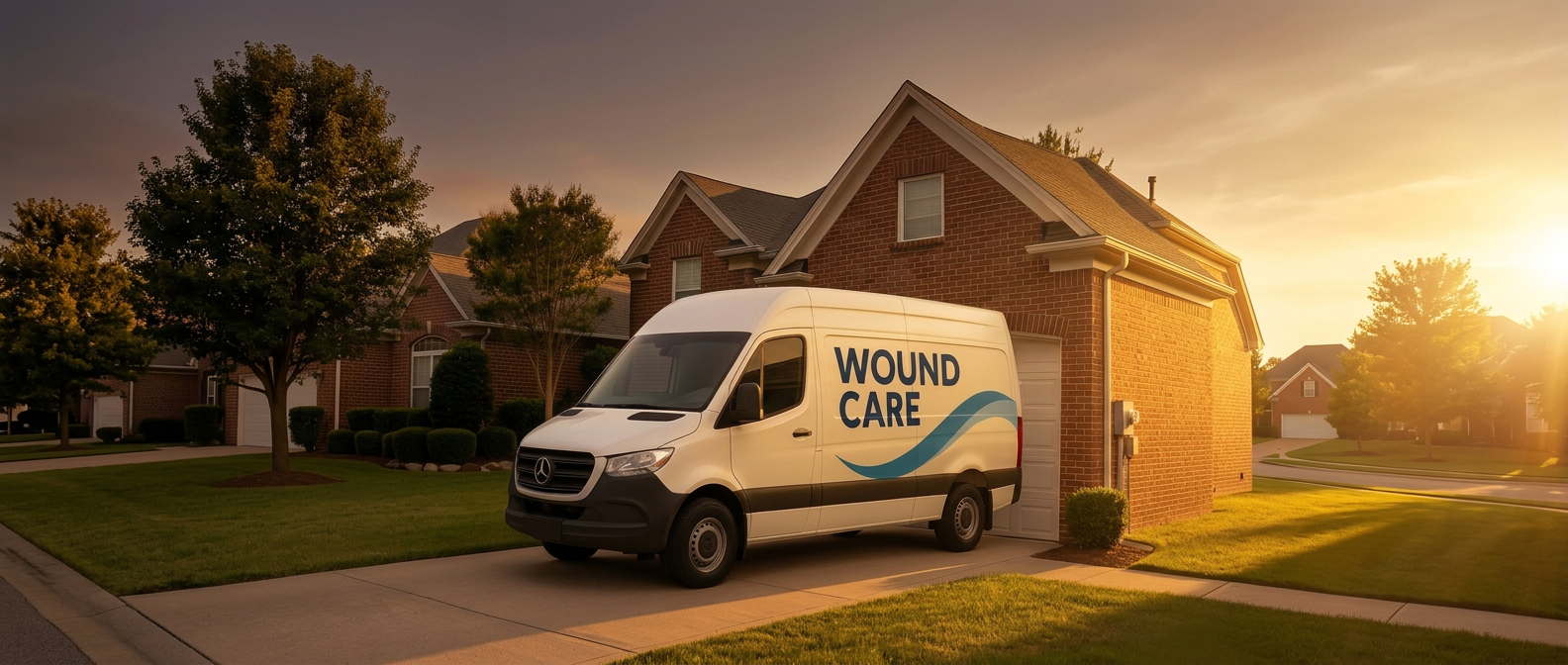 The Mobile Wound Care van pulling into a residential driveway at sunset