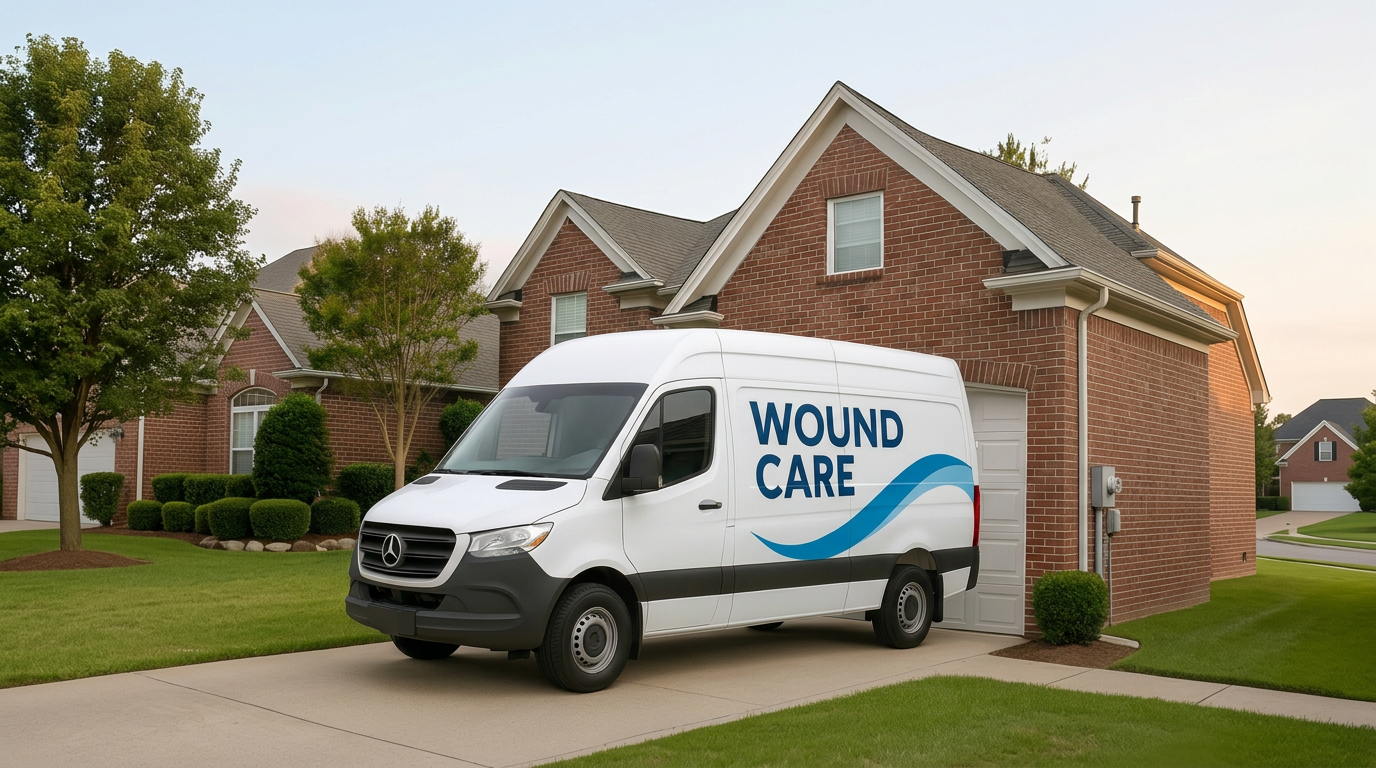 The branded Mobile Wound Care van parked in a residential driveway
